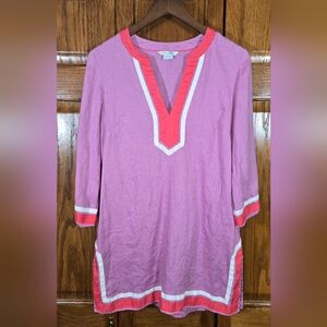 Boden Linen Shirt Blouse Tunic Kaftan Boho V Neck 3/4 Sleeve Side Slit Sz 6R